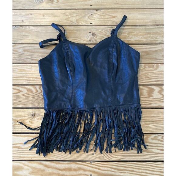 Echtes Leder Leather Sleeveless Fringed Tank Top Size Large Women’s Black Zip Up - Picture 1 of 7